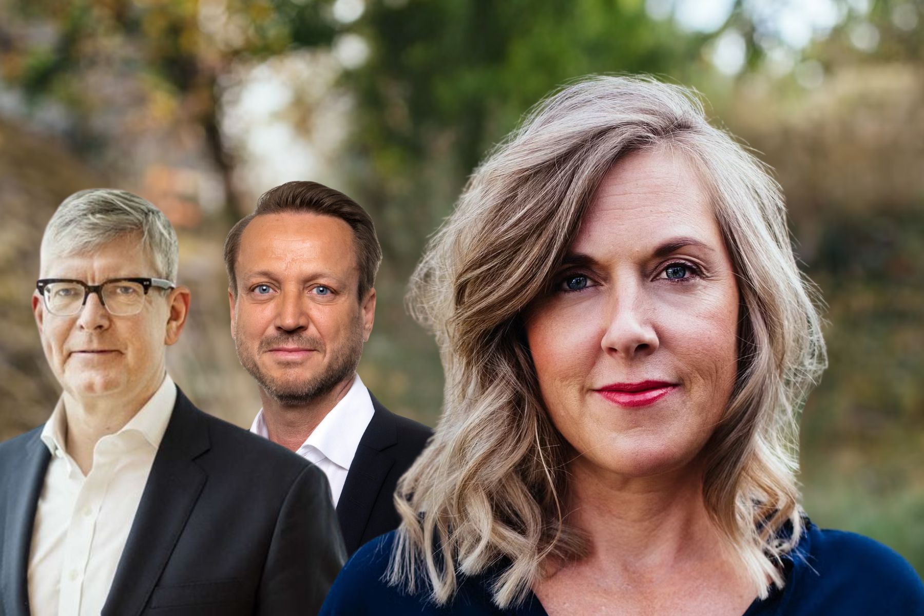 Börje Ekholm, vd på Ericsson, Dennis Helfridsson, vd på ABB och Frida Berry Eklund på Klimatkollen. Foto: pressbilder.