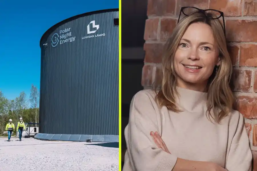 Annette Höglund-Dönnes, CCO at Polar Night Energy with an image of the startup's sand battery in Pornainen, Finland. Images supplied