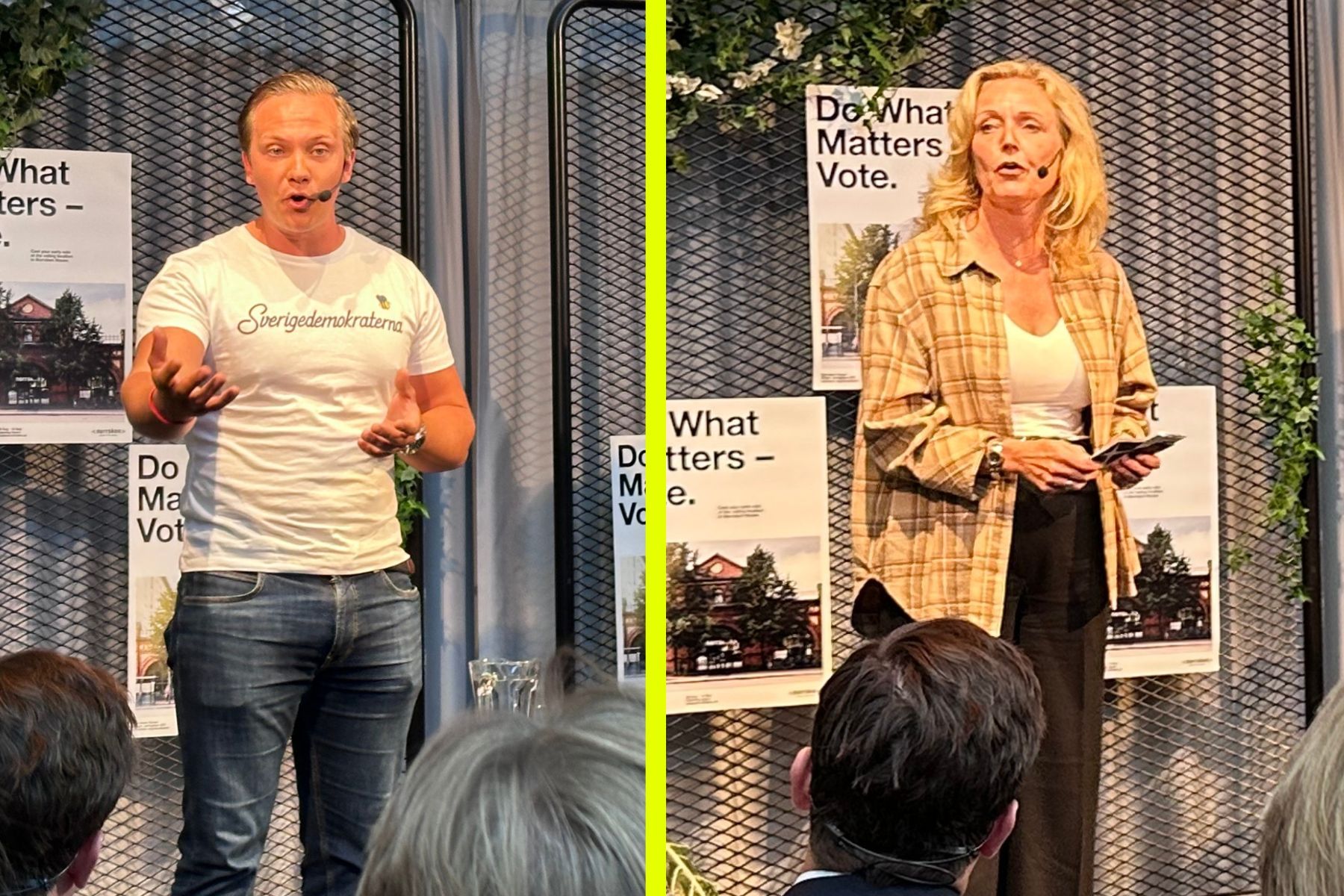 Tobias Andersson (SD) och Elisabeth Thand Ringqvist (C) var några av politikerna som pitchade för entreprenörerna hos Norrsken. Foto: Jenny Kjellén.