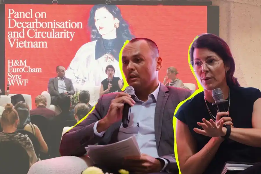 Jonathan Sourintha, vice ordförande för Eurochams Green Growth Sector Committee, och Stina Billinger, chef för hållbarhet och samhällsrelationer på Syre. Foto: H&M Group (montage).