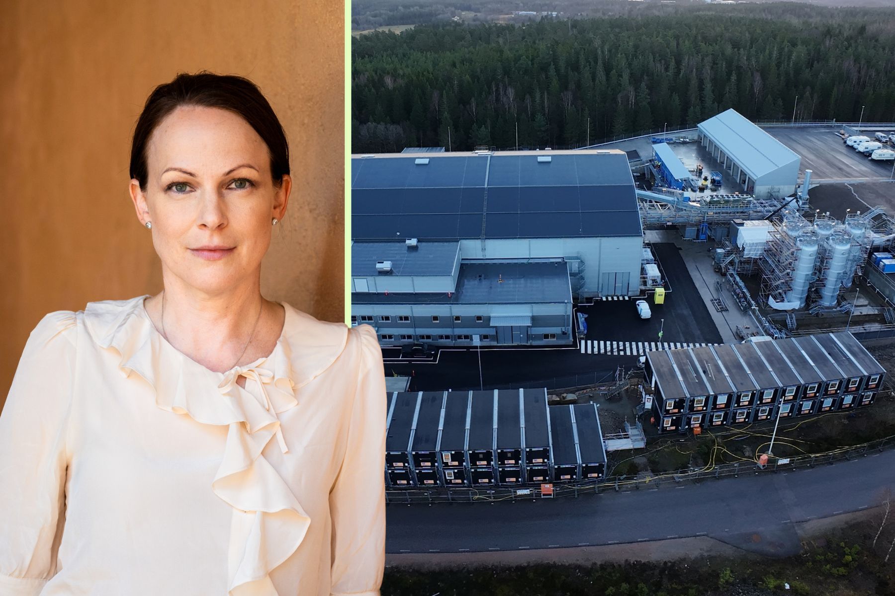 Kajsa Ryttberg-Wallgren, vd Infiniteria, och fabriksbygget i Uddevalla. Foto: pressbilder (montage)