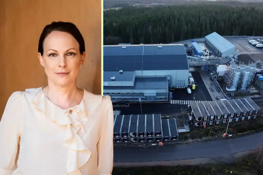 Kajsa Ryttberg-Wallgren, vd Infiniteria, och fabriksbygget i Uddevalla. Foto: pressbilder (montage)