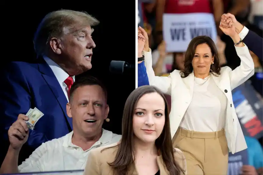 Donald Trump, Paypal-grundaren Peter Thiel som tidigare backat Trumps kampanj med pengar, Leslie Feinzaig som startat VCs for Kamala och Kamala Harris. Foto: AP/TT/pressbilder.