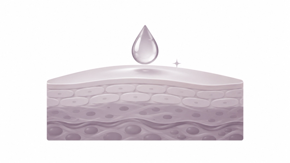 Mauve skin cutaway with an oil droplet and surface shine
