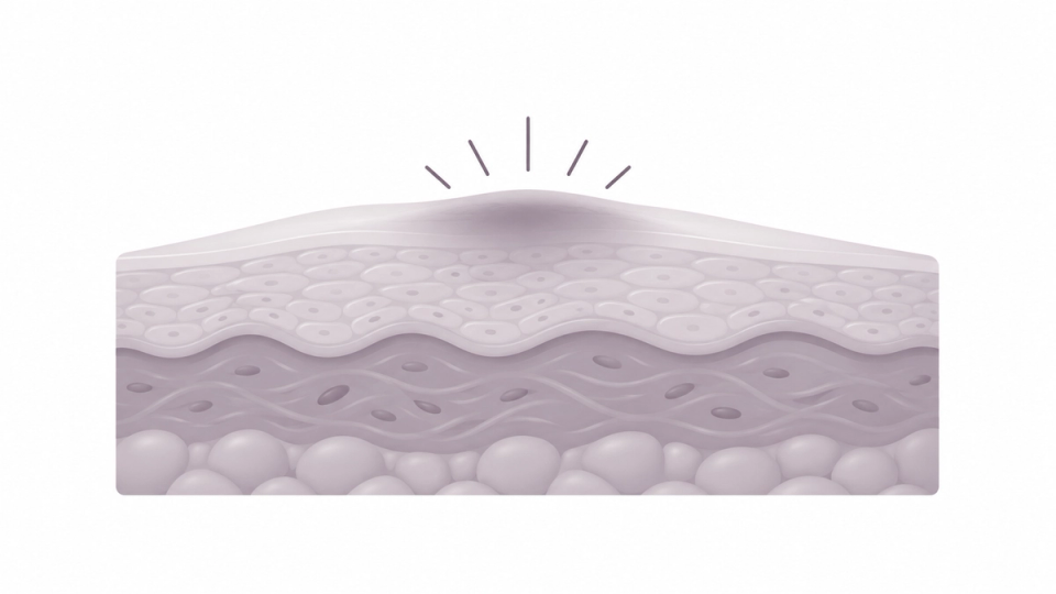 Mauve skin cutaway with radiating marks indicating reactivity