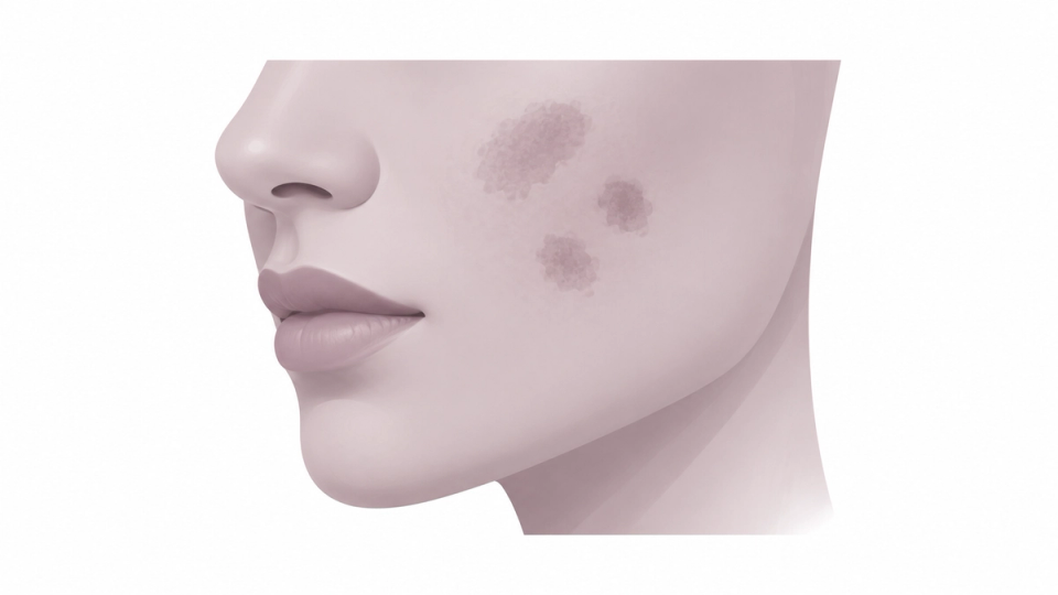 Mauve illustration of flat pigmentation patches on a cropped cheek