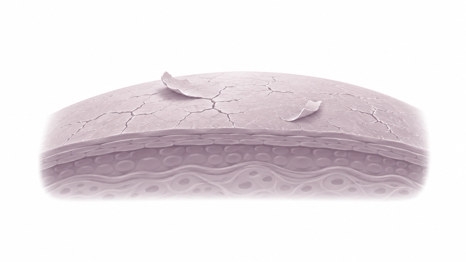 Mauve skin cutaway showing surface cracks and lifting flakes