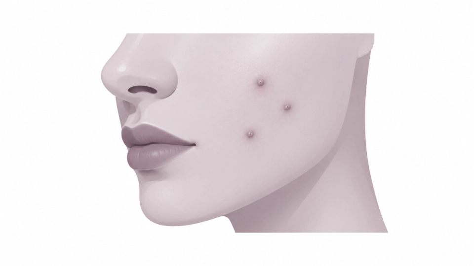 Mauve illustration of raised blemishes on a cropped cheek