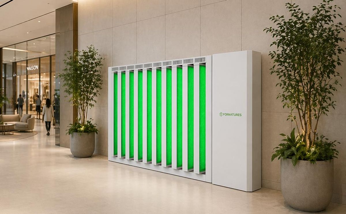 HEALIM Wall modular photobioreactor array along a mall concourse (FORNATURES visualisation)
