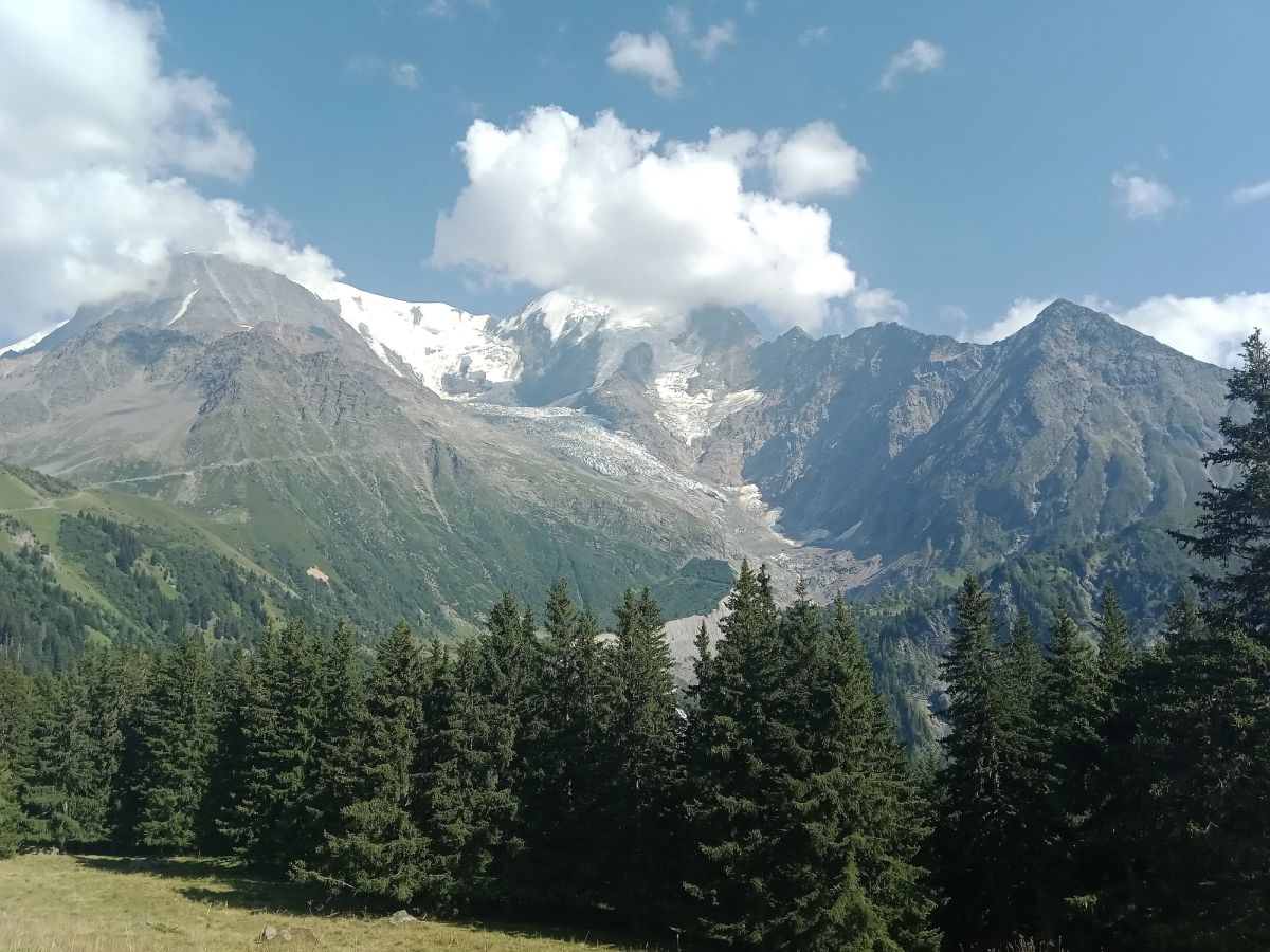 El glaciar de Bionnassay colgando sobre el bosque de pinos, desde el Col de Voza, primera jornada del circuito
