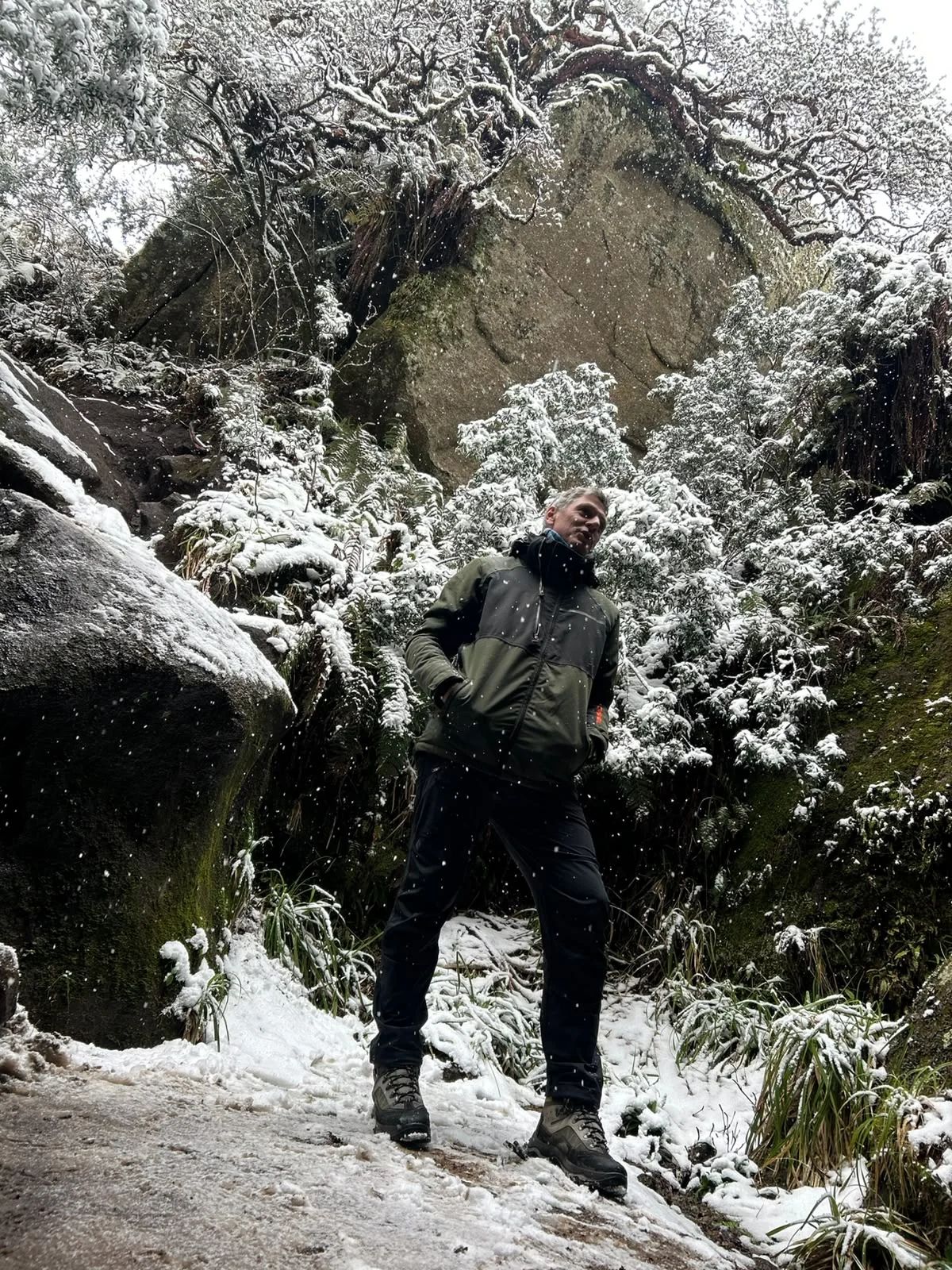 Trekker avanzando por un cañadón con vegetación escarchada en Los Gigantes