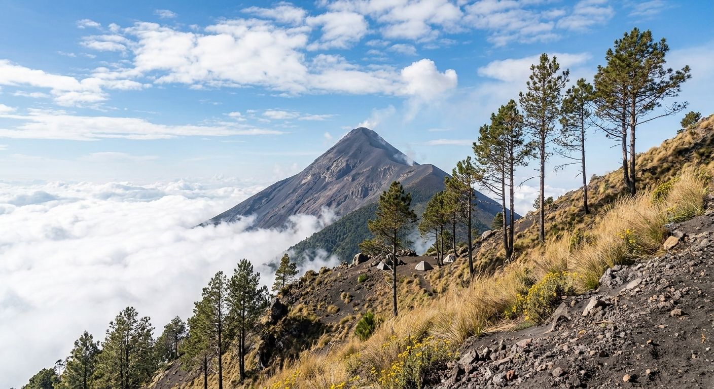 Cadenas volcánicas guatemaltecas: el Volcán de Fuego como cono perfecto emergiendo sobre nubes desde la perspectiva de laderas altas del Acatenango, con pinos y pastizal volcánico en primer plano (imagen generada a partir de referencia de vista clásica del trekking).