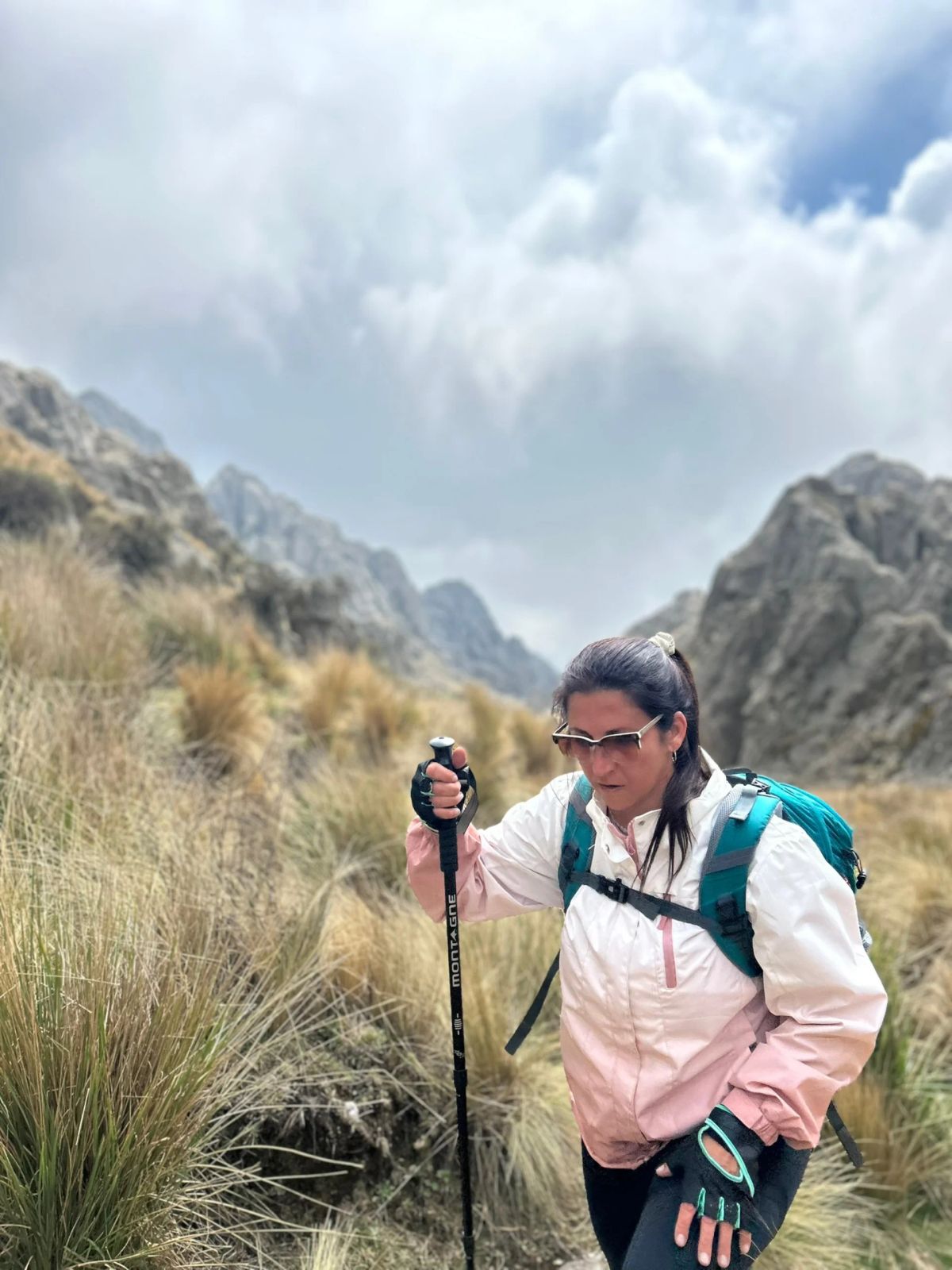Caminante de Mons subiendo por el pastizal de altura de las Sierras Grandes de Córdoba