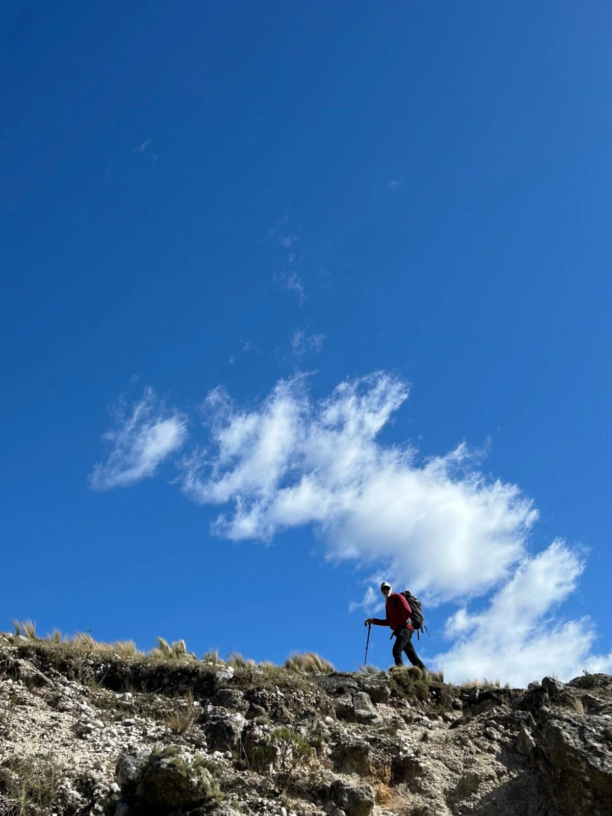 Trekker recortado contra el cielo azul en el filón de Los Gigantes durante el segundo día