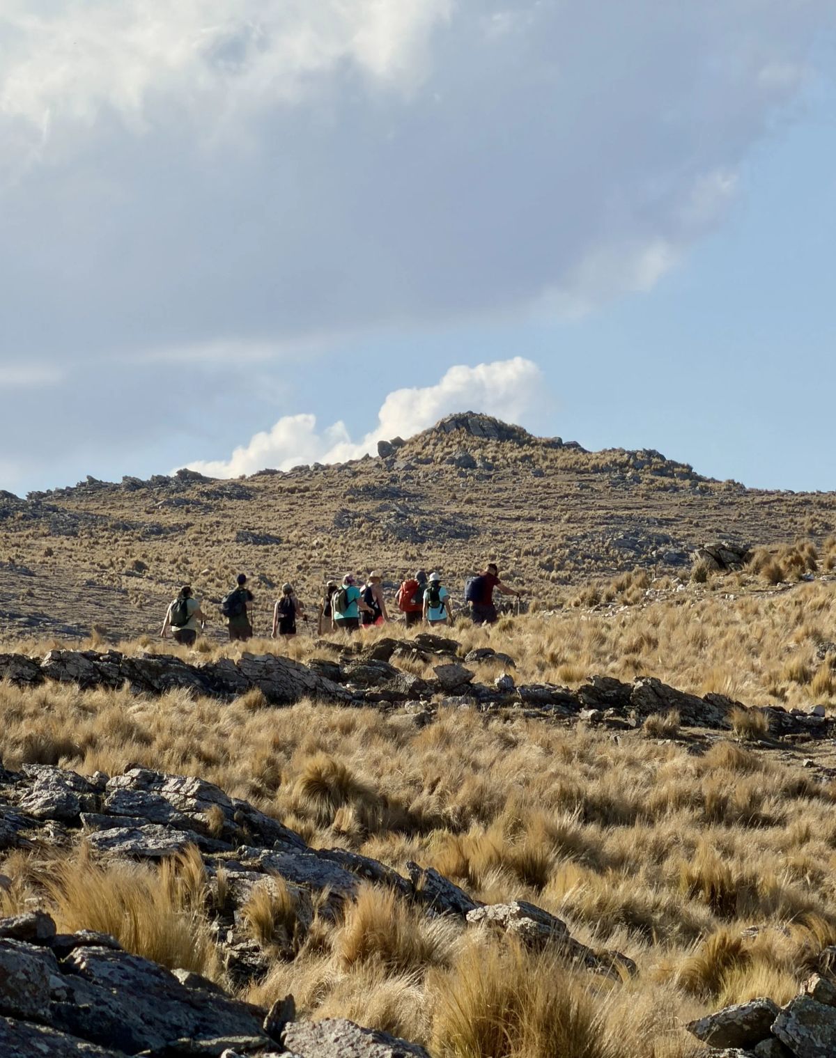 Fila de trekkers recortada contra el cordón serrano durante el descenso