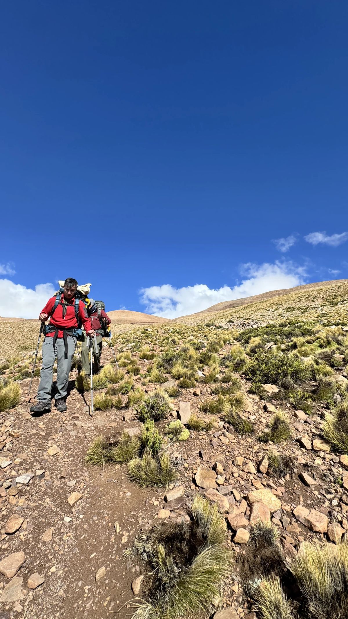 Dos andinistas ascendiendo por el pastizal de altura bajo el cielo azul de la puna