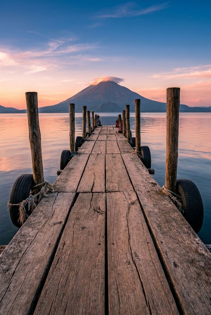 Lago Atitlán junto a San Juan La Laguna: embarcadero de madera rústica con neumáticos-amortiguador y tablones irregulares que apunta al Volcán San Pedro reflejado en agua calma, luz dorada (imagen generada a partir de referencia tipo Street View del lago).