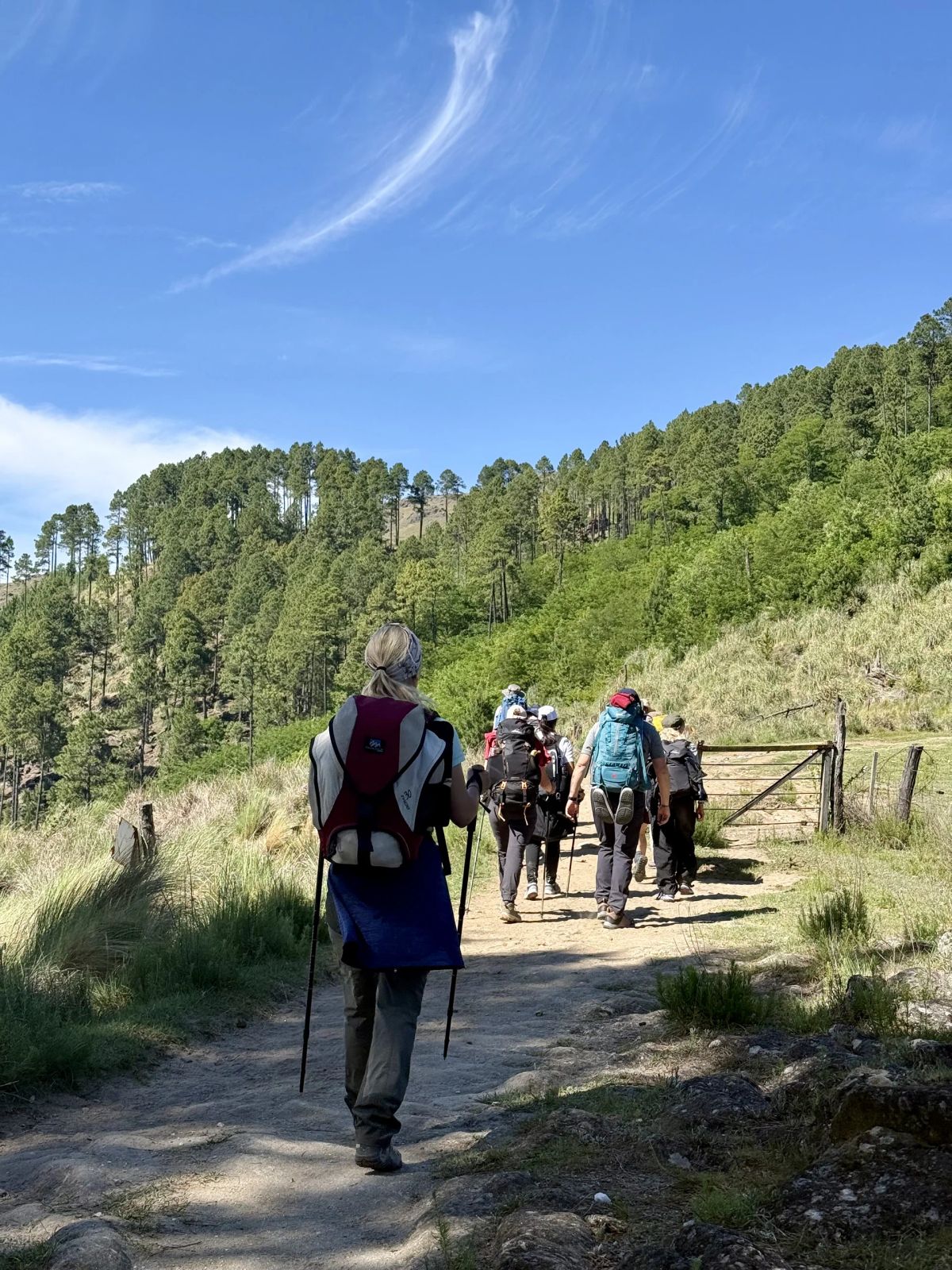 Fila de trekkers avanzando por el sendero de tierra en las primeras horas del ascenso al Champaquí