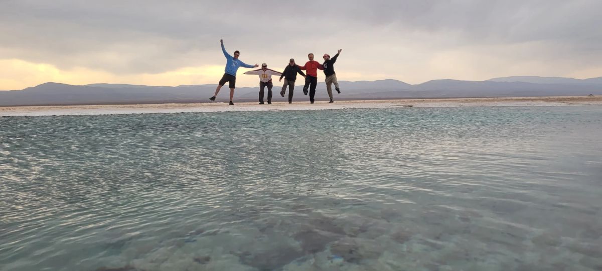 Grupo de Mons saltando sobre el espejo de agua de las Salinas Grandes, Jujuy