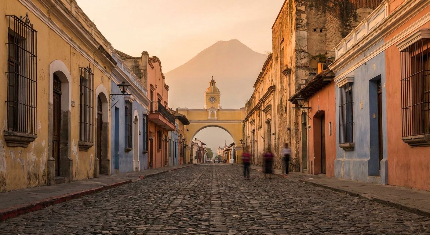 Antigua Guatemala a hora dorada: calle empedrada, fachadas coloniales y el Volcán de Agua al fondo entre la bruma (imagen generada).