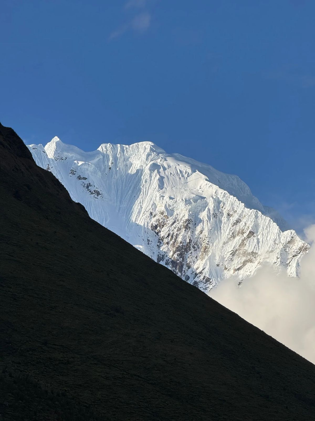 El nevado Salkantay recortado contra el cielo azul de la mañana