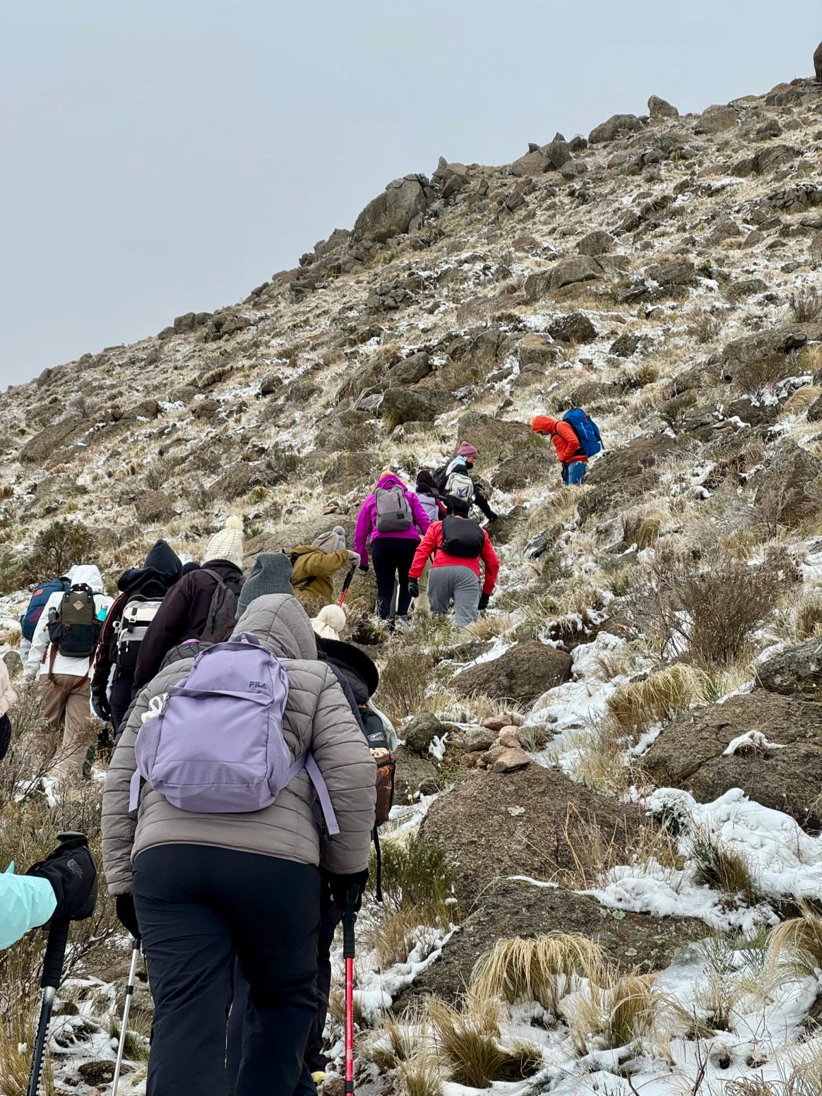 Grupo subiendo en fila por la ladera nevada del Cerro El Morro, San Luis
