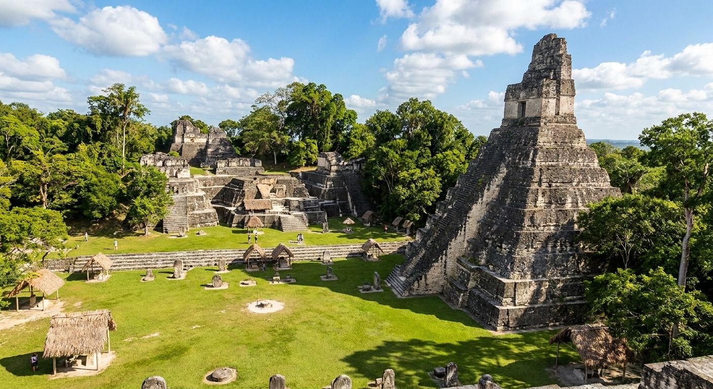 Tikal, Gran Plaza: Templo I (Gran Jaguar) a la derecha, Acrópolis Norte y plaza con césped, estelas y altares; palapas de techo de paja, selva circundante y luz diurna nítida del Petén (imagen generada a partir de referencia tipo Street View).