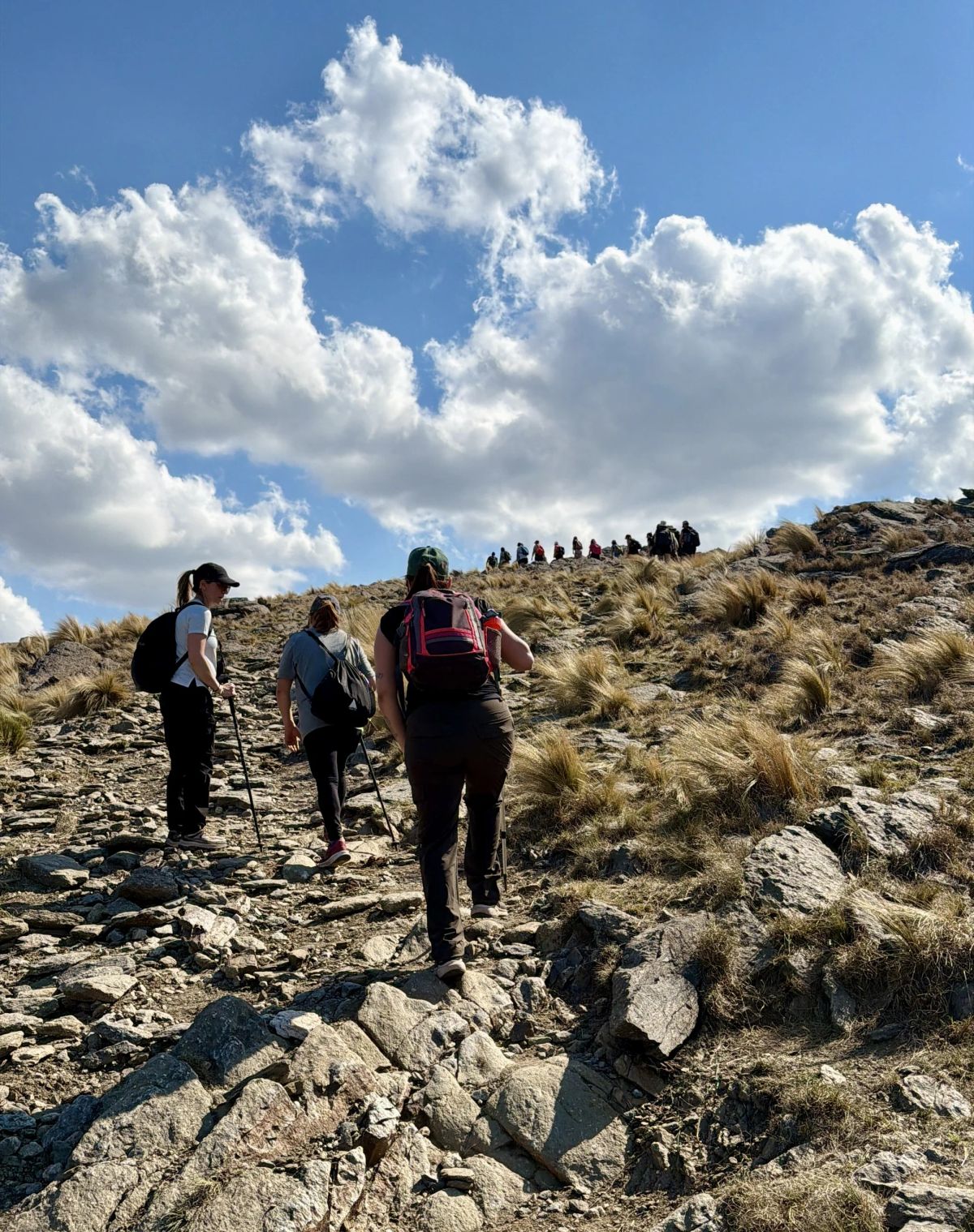 Fila de trekkers subiendo por el sendero de piedra entre pajonales camino a Pueblo Escondido