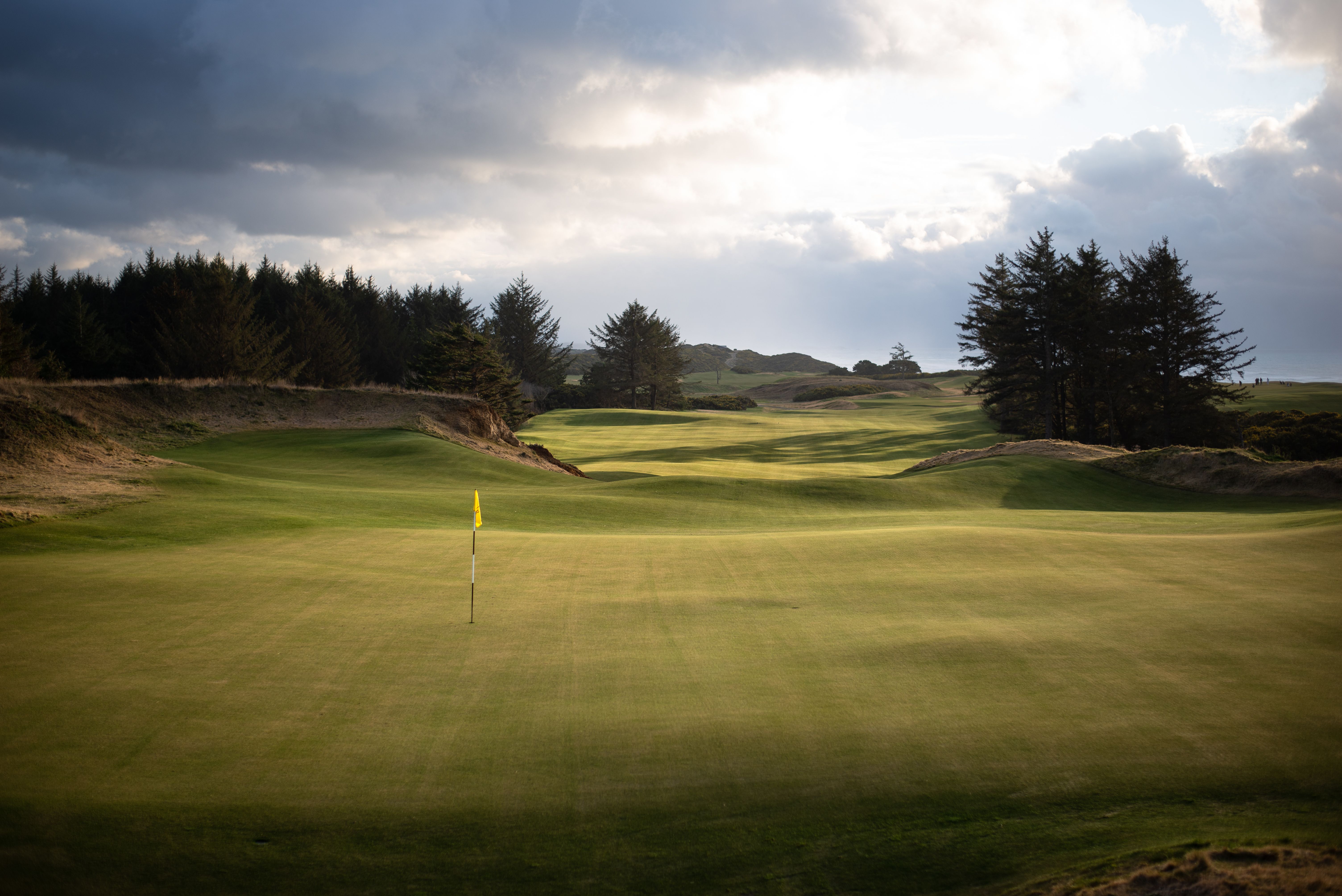 Sheep Ranch green with a yellow flag framed by dunes and cypress trees under a moody sky