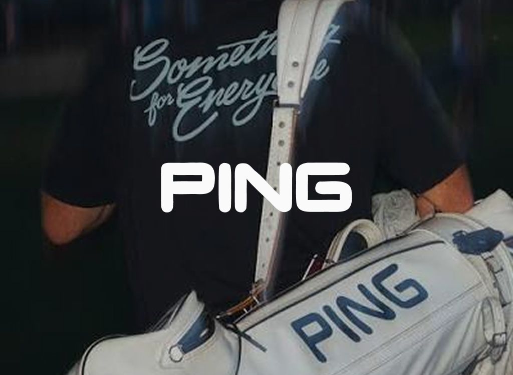 PING logo over a golfer carrying a white PING golf bag