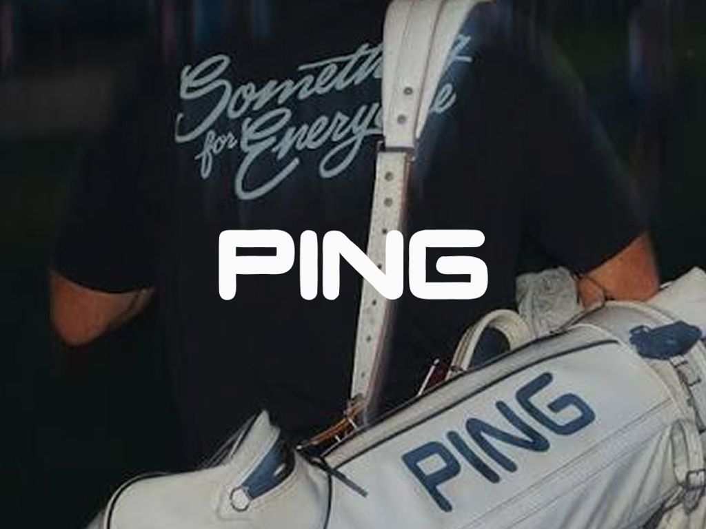 PING logo over a golfer carrying a white PING golf bag
