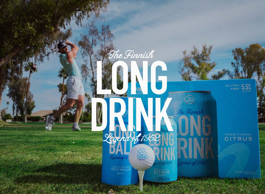 The Finnish Long Drink logo over cans, a golf ball and a golfer mid-swing