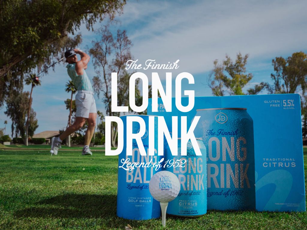 The Finnish Long Drink logo over cans, a golf ball and a golfer mid-swing