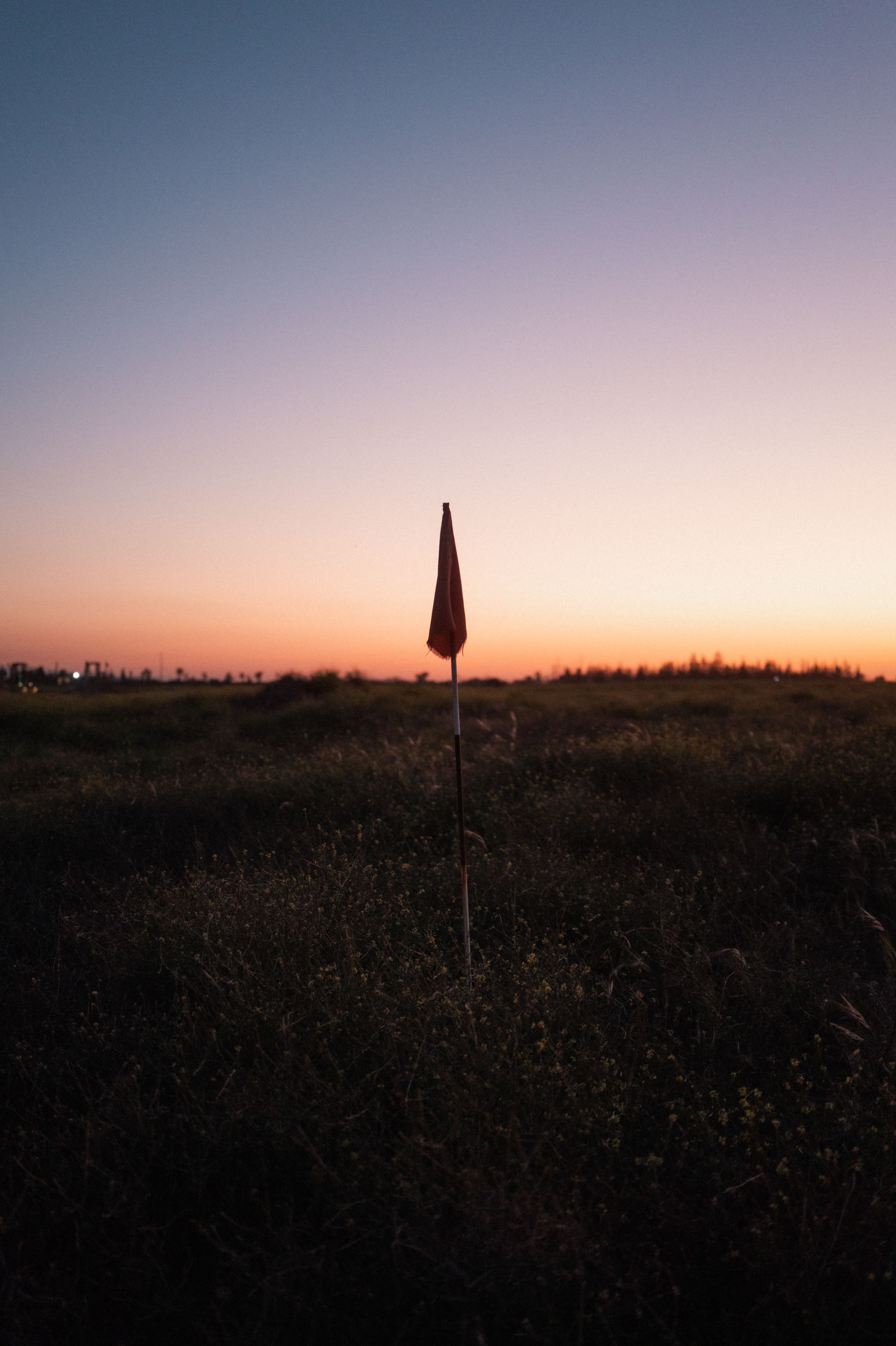 Red flag in long grass silhouetted against a sunset sky, Japan