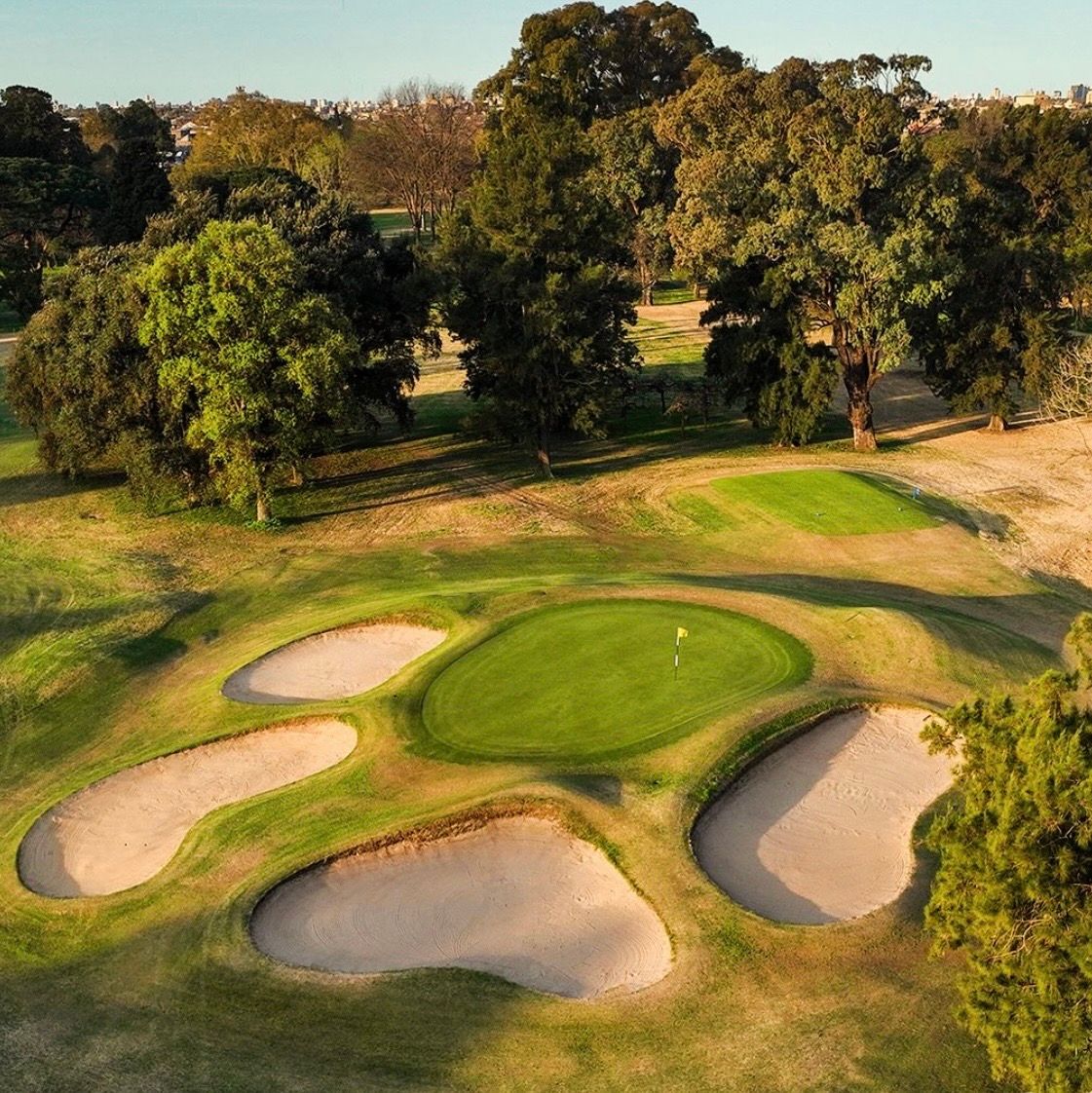 Aerial view of a green surrounded by sand bunkers and tall trees at San Andres