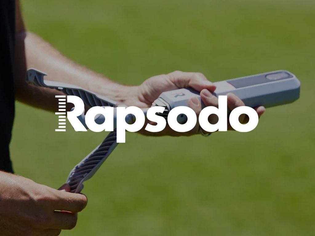 Rapsodo logo over hands holding a Rapsodo launch monitor