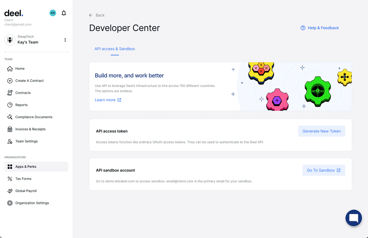 Deel Developer Center dashboard highlighting API access to hire across 150 countries as a global EOR alternative