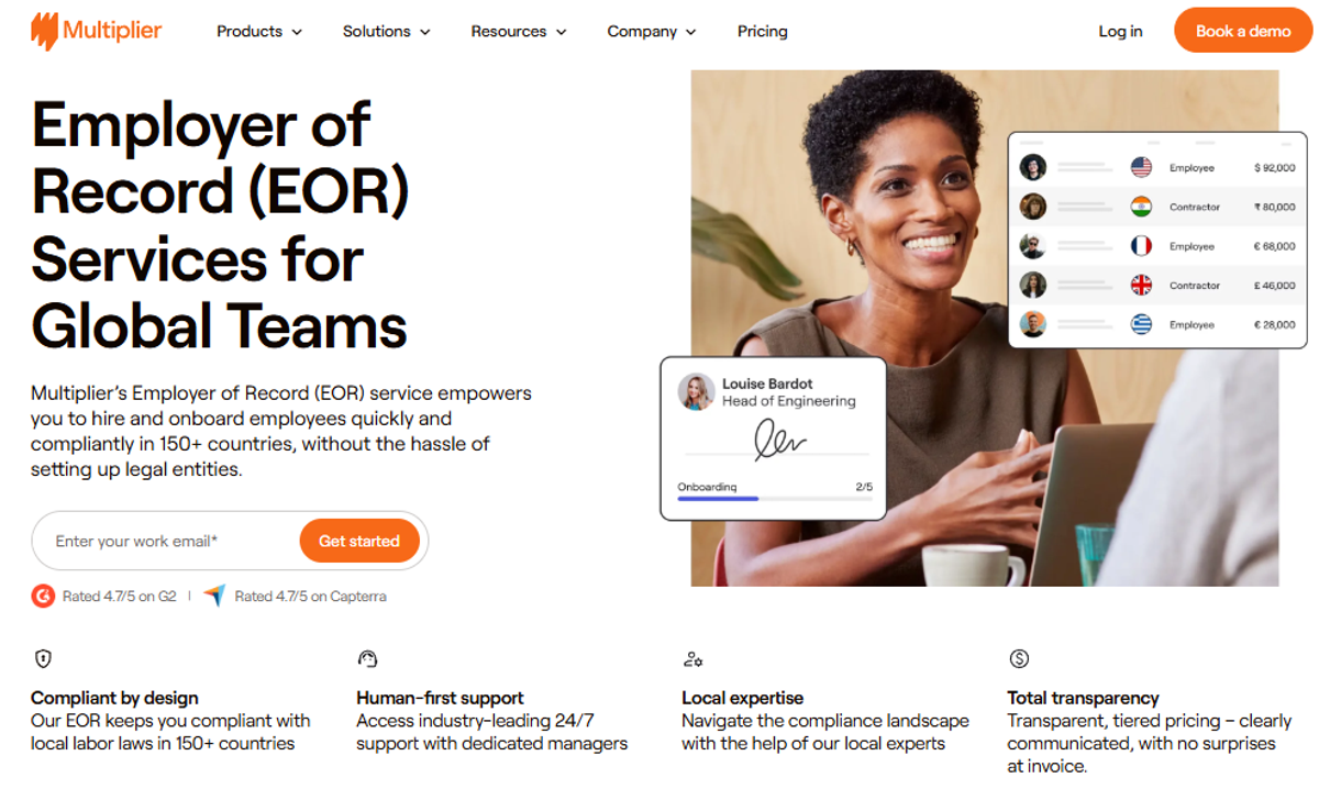Multiplier EOR services page for global teams, 150+ countries, tiered pricing claim and 4.7 G2 rating