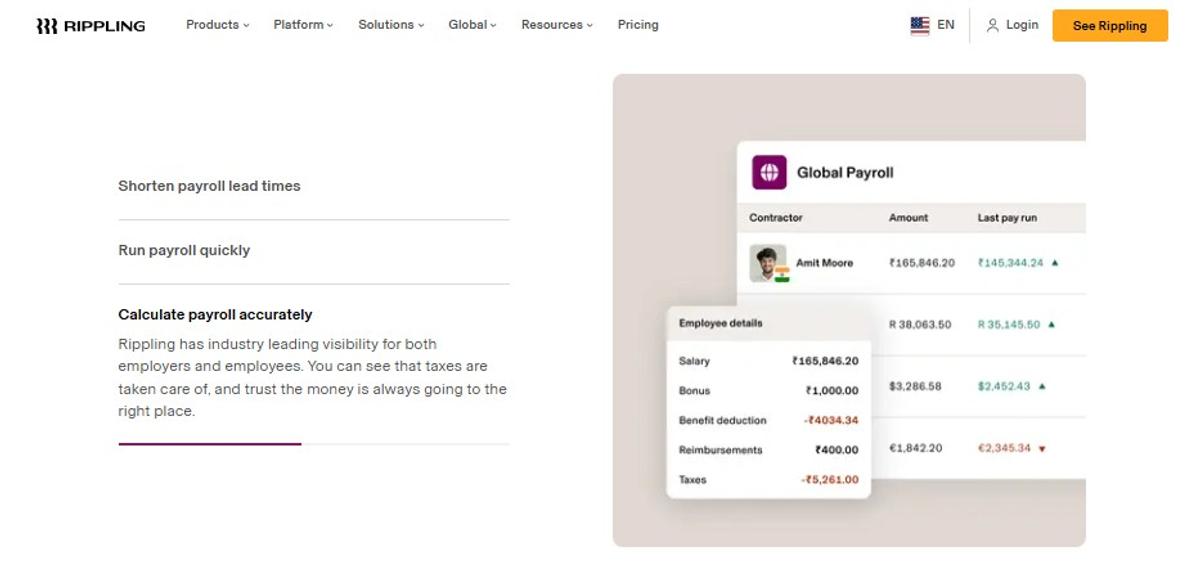 Rippling global payroll page displaying contractor payments and employee salary, bonus, deductions, reimbursements, and taxes.