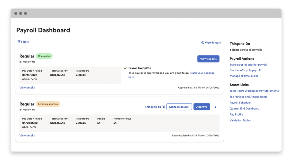 ADP payroll dashboard showing pay run status, gross pay, hours, and tax notices for processing