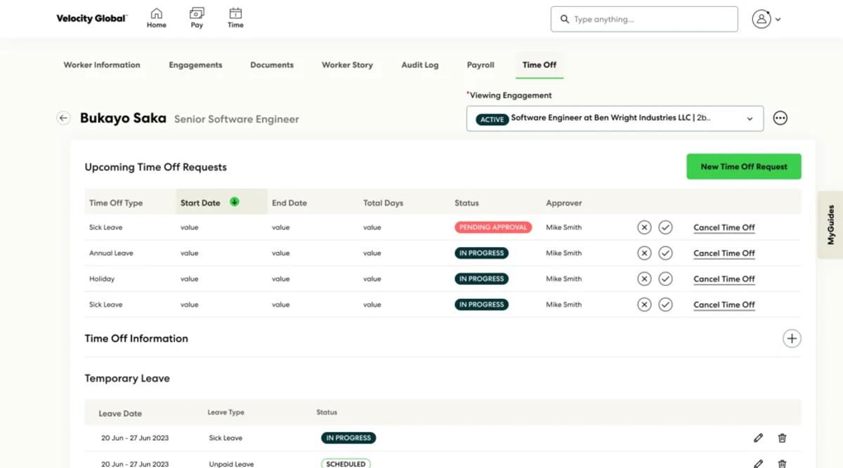 Velocity Global EOR time-off dashboard showing leave requests, approvers, and statutory status for an India worker