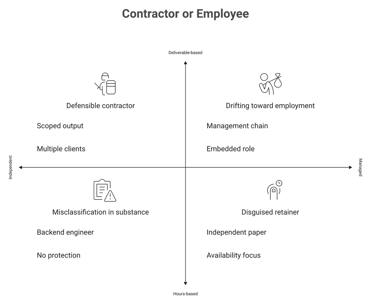Two-by-two matrix classifying India roles as defensible contractor or misclassified employee