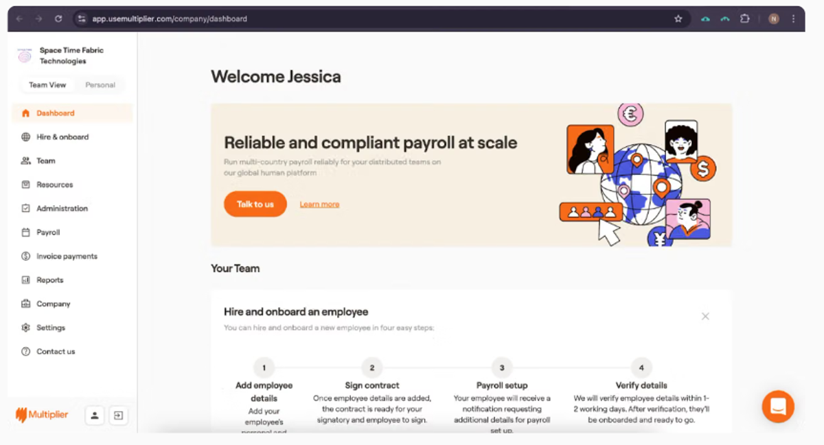 Multiplier dashboard showing four-step hire and onboard flow with contract signing and payroll setup