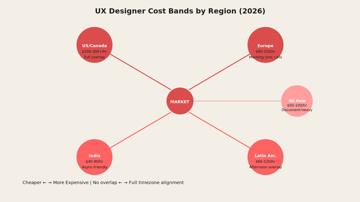 Cost bands and regional pricing for UX designers showing India, Southeast Asia, Latin America, Europe, and US rate ranges and timezone overlaps