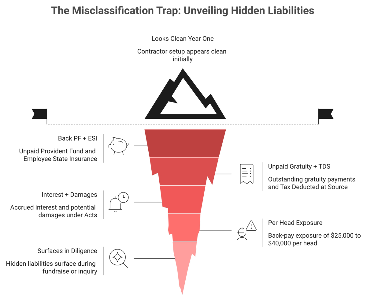 Iceberg showing hidden back-pay, PF, ESI, and penalty costs of misclassifying an India contractor
