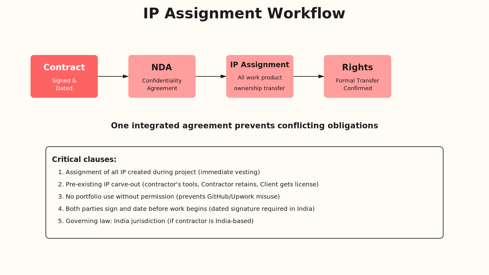 Flowchart showing contract signing, NDA acceptance, open-source disclosure, IP assignment, and rights transfer in sequence.