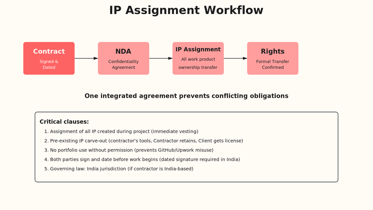 Flowchart showing contract signing, NDA acceptance, open-source disclosure, IP assignment, and rights transfer in sequence.