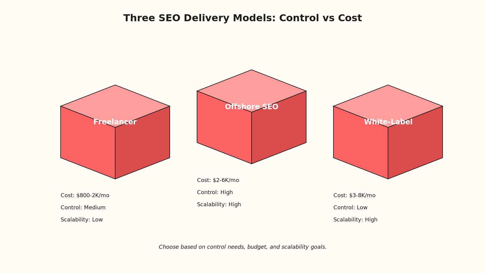 Isometric comparison of three SEO delivery models showing freelancer, offshore company, and white-label vendor with cost and control metrics