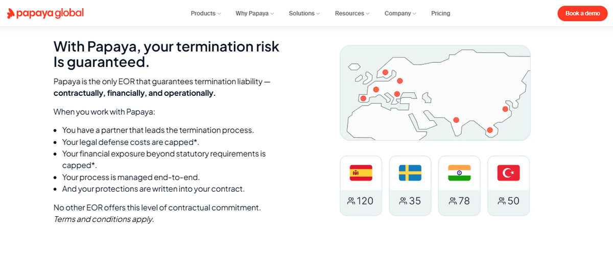 Papaya Global page on guaranteed termination liability, capped legal costs, and headcount by country including India
