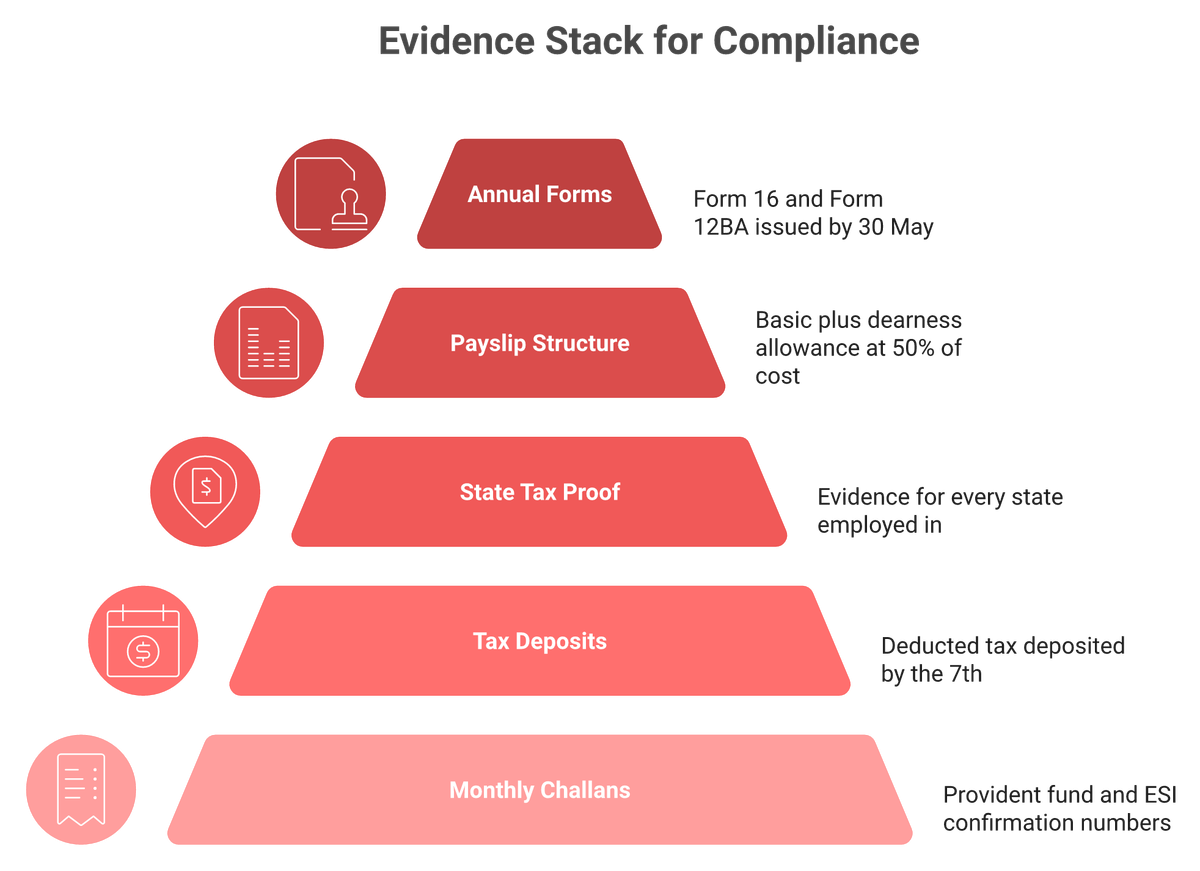Layered stack of five India payroll compliance artefacts from monthly challans to annual Form 16